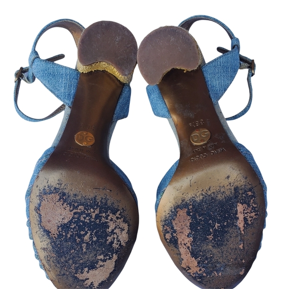 Dolce & Gabbana Blue Denim Espadrille Style Peep Toe Heel Sandals w/Ankle Strap - Picture 10 of 12